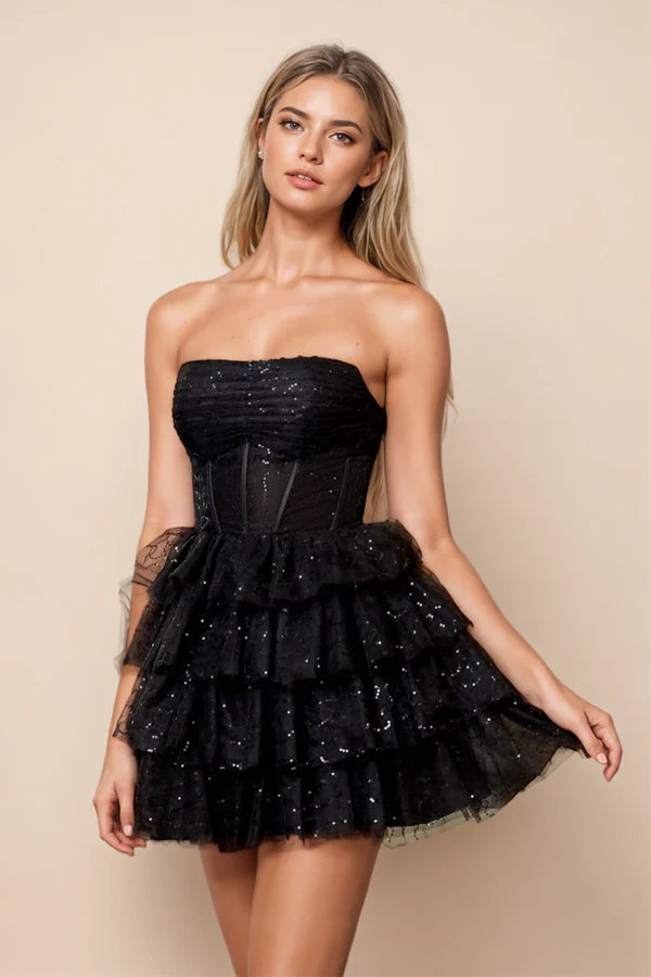 A Line Strapless Tiered Black Full Of Charm Homecoming Dress