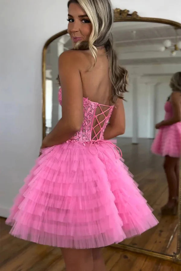 A Line Strapless Tulle Pink Homecoming Dress With Beading