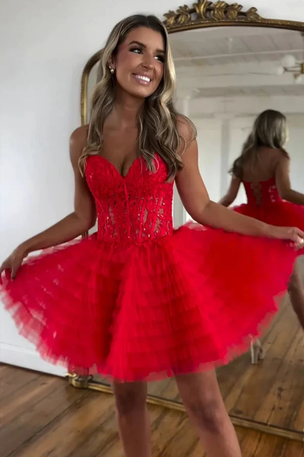 A Line Strapless Tulle Pink Homecoming Dress With Beading