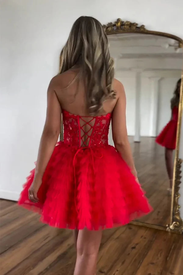 A Line Strapless Tulle Pink Homecoming Dress With Beading