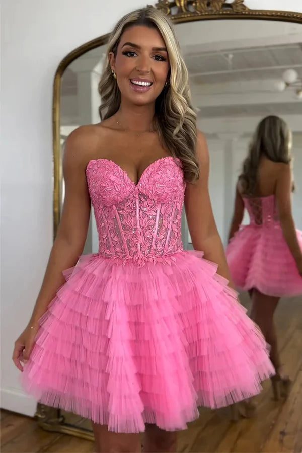 A Line Strapless Tulle Pink Homecoming Dress With Beading