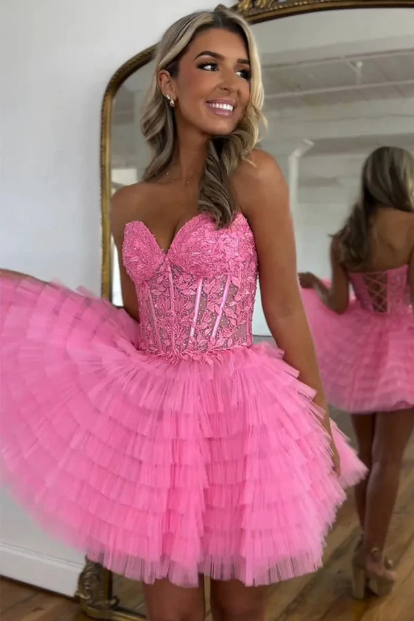 A Line Strapless Tulle Pink Homecoming Dress With Beading