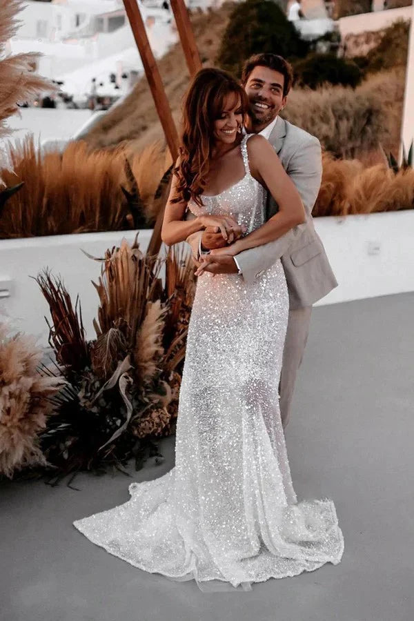 A Line Sweetheart Sparkly Sequins Beach Wedding Dress