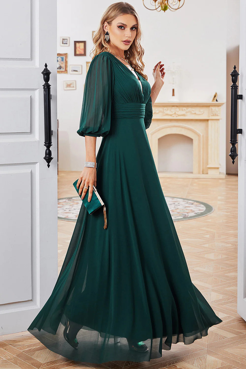 A Line V Neck Floor Length Dark Green Chiffon Evening Dress With Half Sleeves