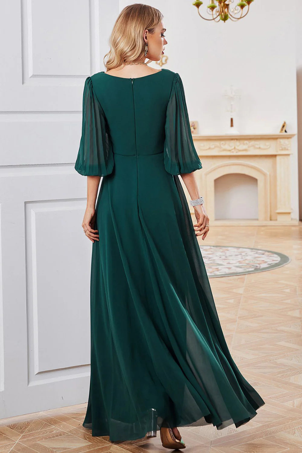 A Line V Neck Floor Length Dark Green Chiffon Evening Dress With Half Sleeves