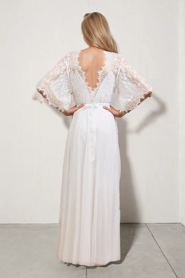 A Line V Neck Lace Short Sleeve Boho Wedding Dress Beach Bridal Gown