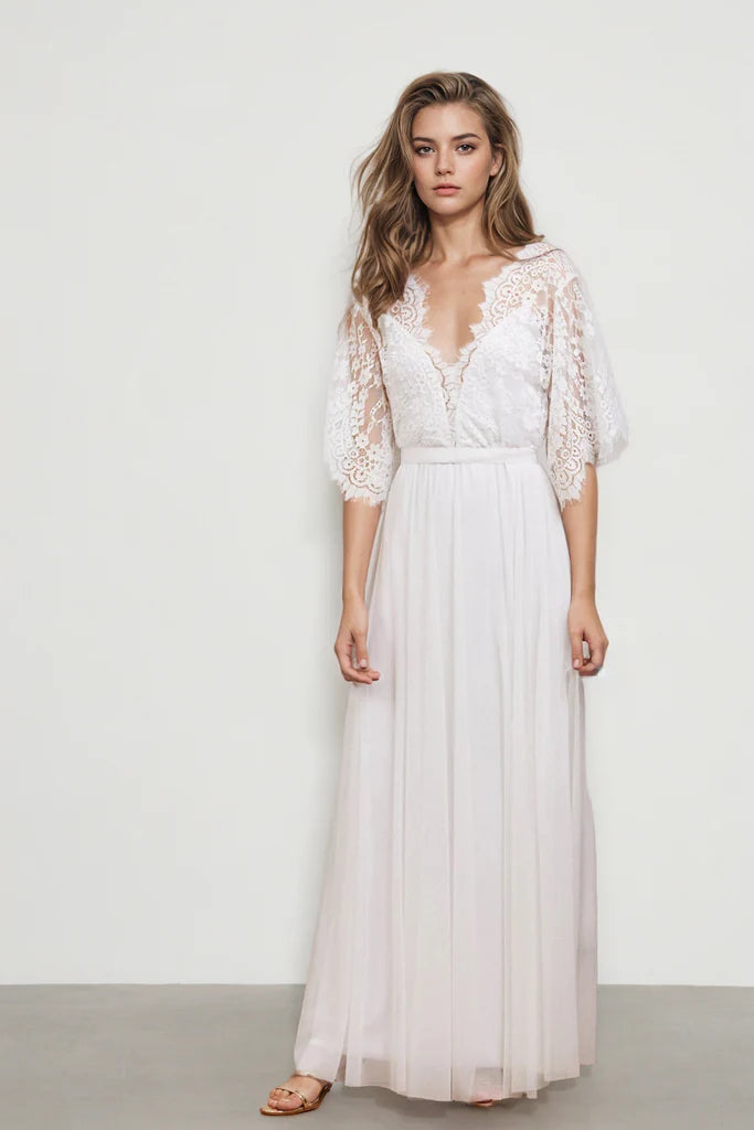 A Line V Neck Lace Short Sleeve Boho Wedding Dress Beach Bridal Gown