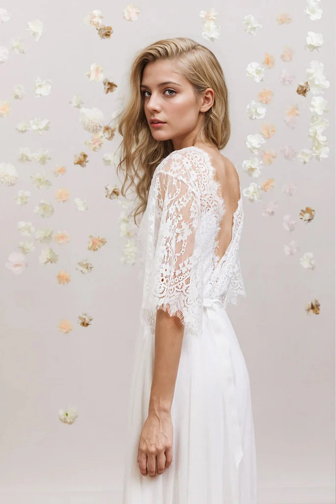 A Line V Neck Lace Short Sleeve Boho Wedding Dress Beach Bridal Gown