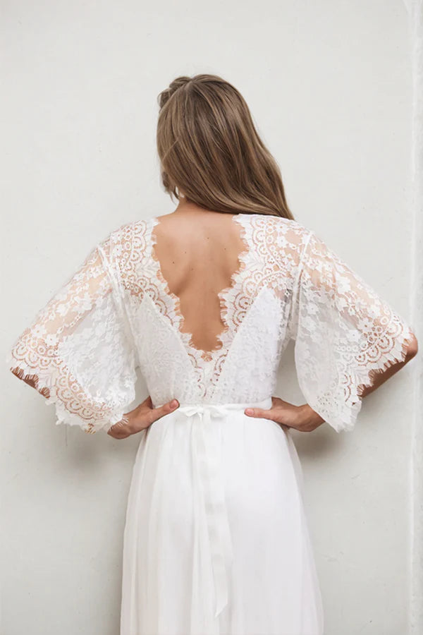 A Line V Neck Lace Short Sleeve Boho Wedding Dress Beach Bridal Gown