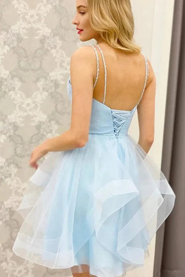 A Line V Neck Short Blue Prom Dresses Tulle Homecoming Dresses