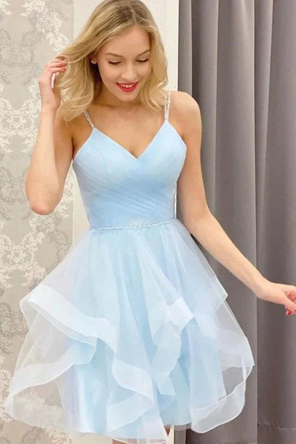 A Line V Neck Short Blue Prom Dresses Tulle Homecoming Dresses