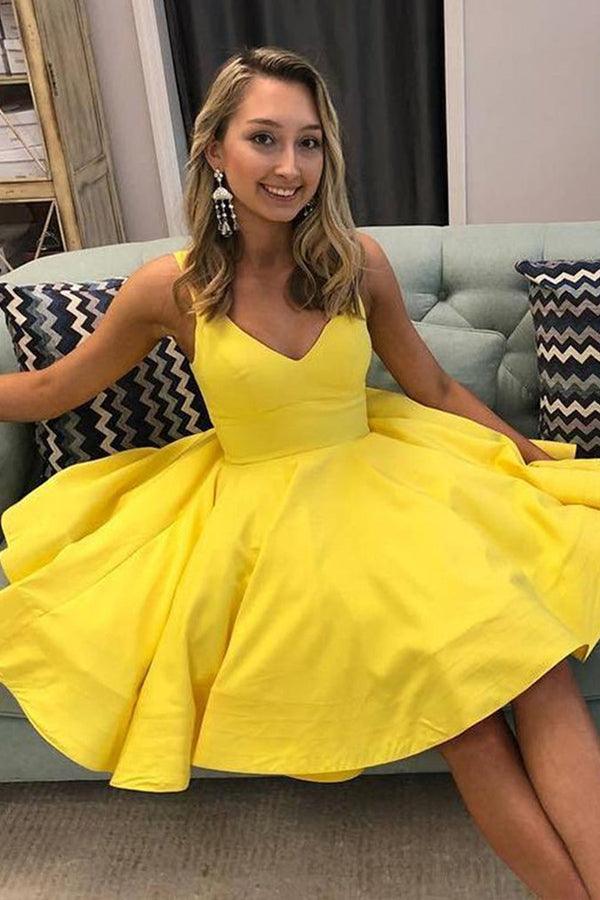 A Line V Neck Short Yellow Prom Dresses Satin Homecoming Dresses