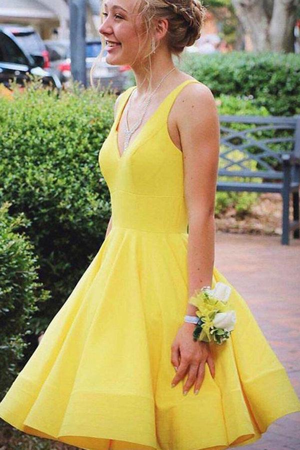 A Line V Neck Short Yellow Prom Dresses Satin Homecoming Dresses