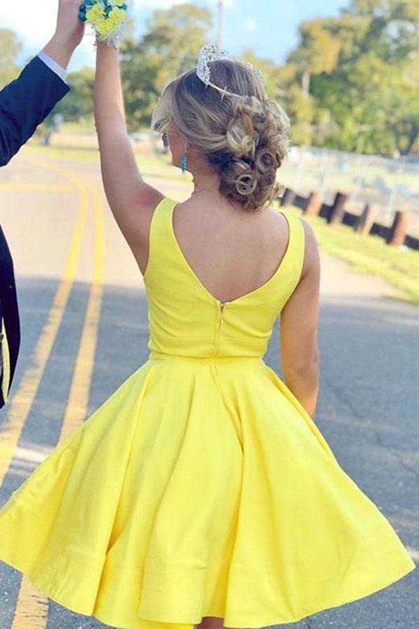 A Line V Neck Short Yellow Prom Dresses Satin Homecoming Dresses