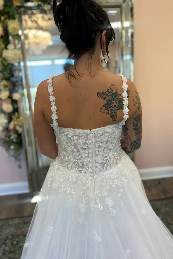 A Line V Neck Tulle Boho Wedding Dress with Appliques