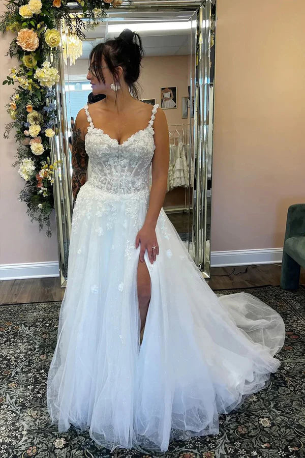 A Line V Neck Tulle Boho Wedding Dress with Appliques