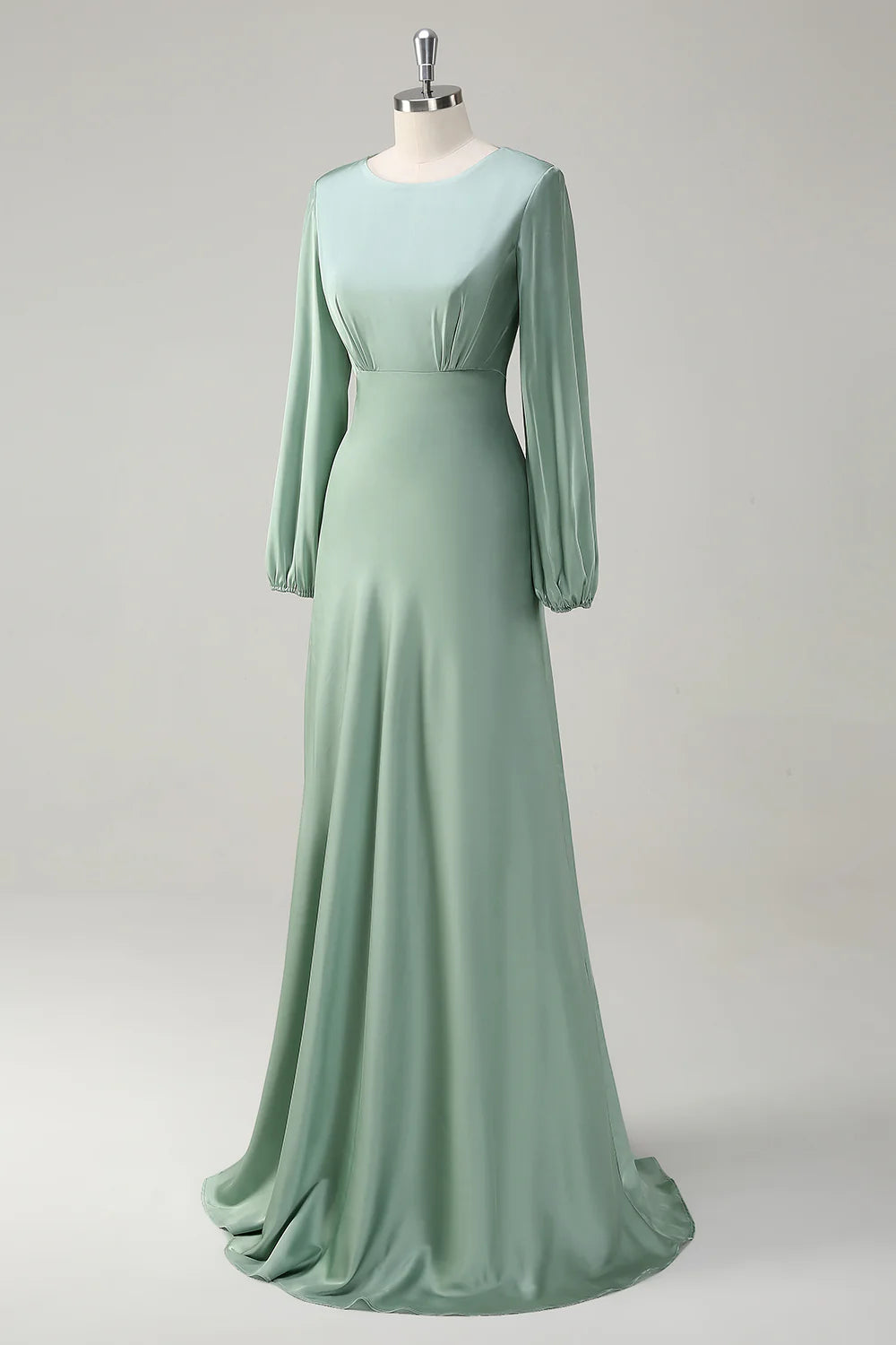 Agave A-Line Round Neck Satin Long Bridesmaid Dress with Long Sleeves
