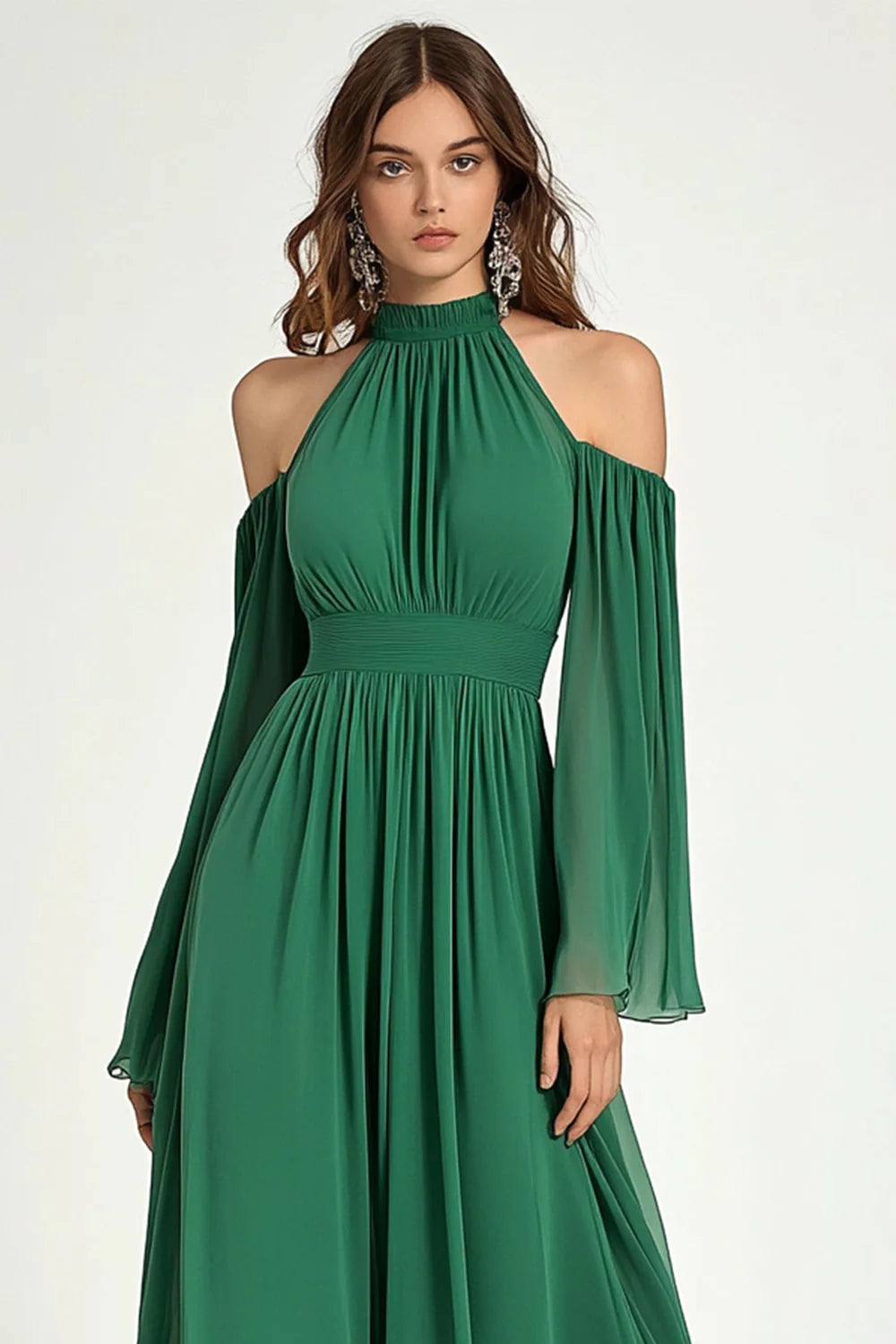 Agave Chiffon Pleated Flare Sleeves V Neck Mother of The Bride Dress