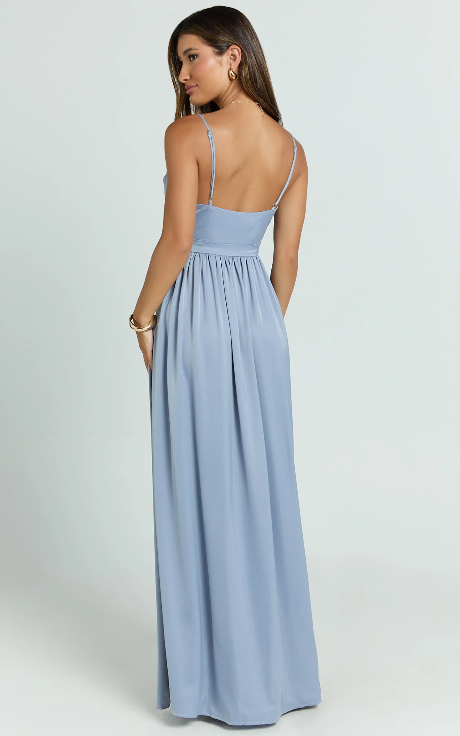 Airy A-Line Cowl-Neck Thin-Strap Open-Back Slit Light Blue Satin Evening Dress