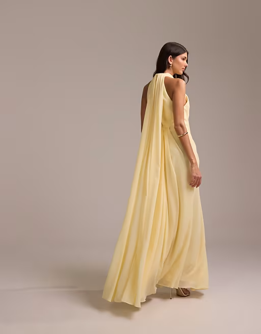 Airy A-Line Halter-Neck Sleeveless Cape-Back Floor-Length Bridesmaid Dress