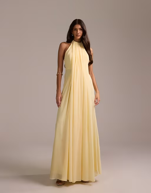 Airy A-Line Halter-Neck Sleeveless Cape-Back Floor-Length Bridesmaid Dress