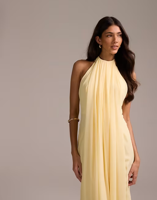 Airy A-Line Halter-Neck Sleeveless Cape-Back Floor-Length Bridesmaid Dress