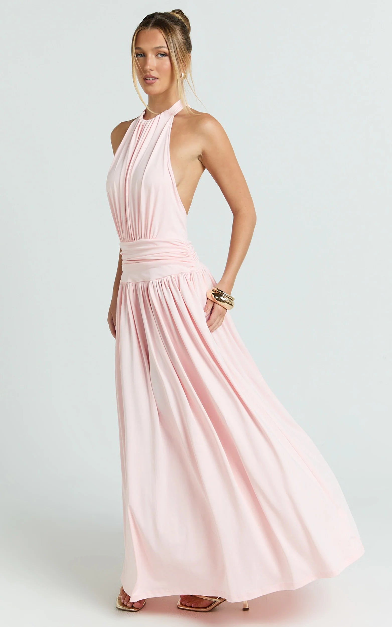 Airy A-Line Halter-Neck Sleeveless Tie-Back Floor-Length Pink Evening Dress