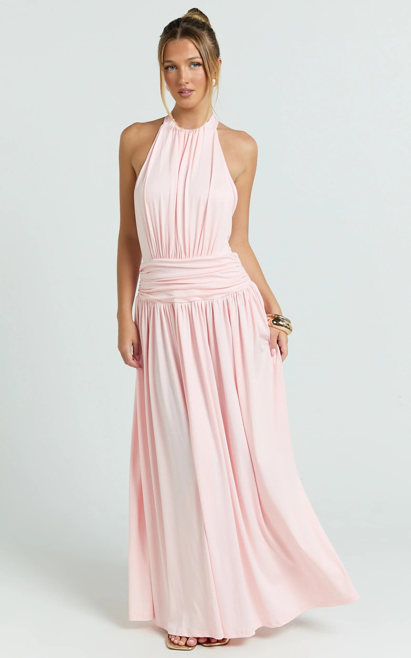 Airy A-Line Halter-Neck Sleeveless Tie-Back Floor-Length Pink Evening Dress