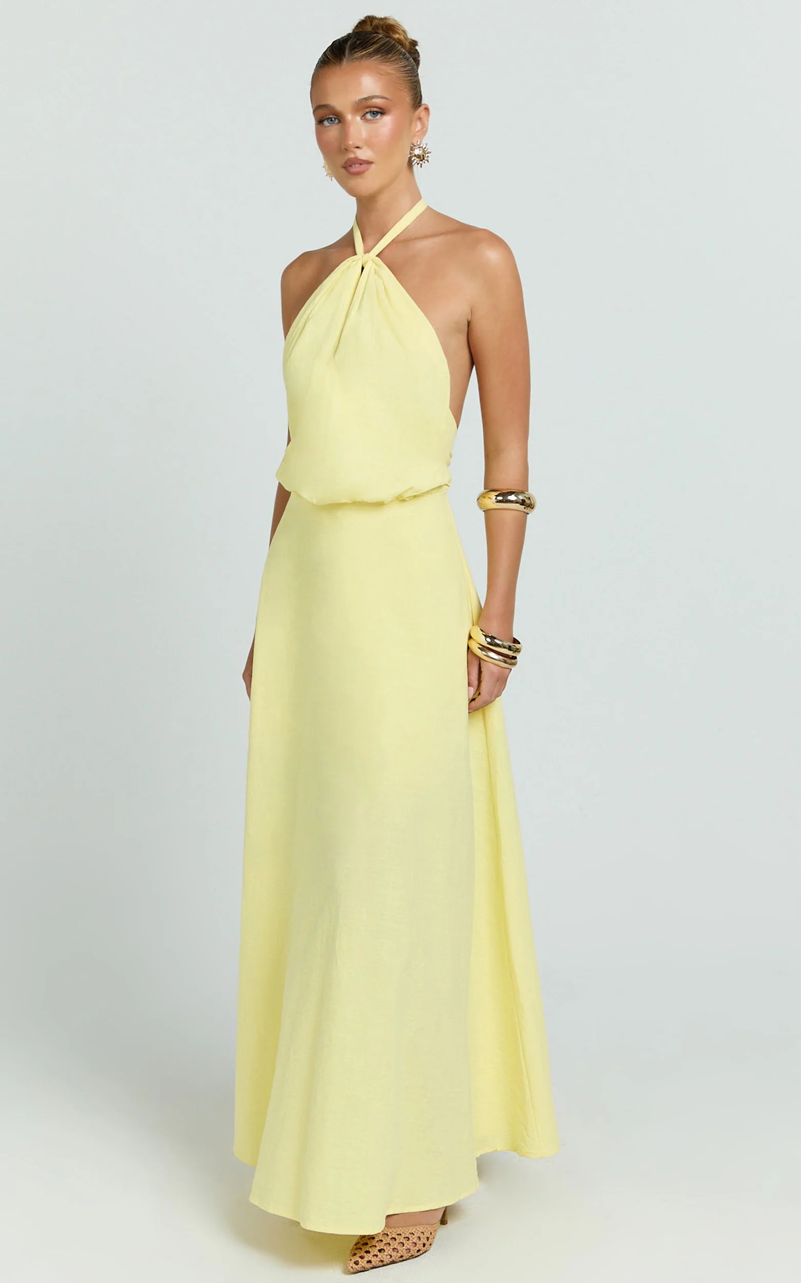 Airy A-Line Halter-Neck Sleeveless Tie-Back Floor-Length Yellow Evening Dress