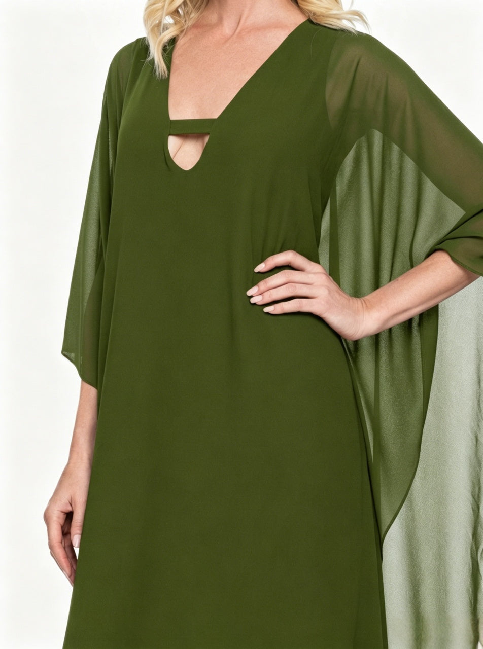 Airy Chiffon Oversized Kaftan Maxi Gown V Neck Keyhole Cutout Wide Cape Sleeve Loose Fit Floor Length Mother of the Bride Dresses