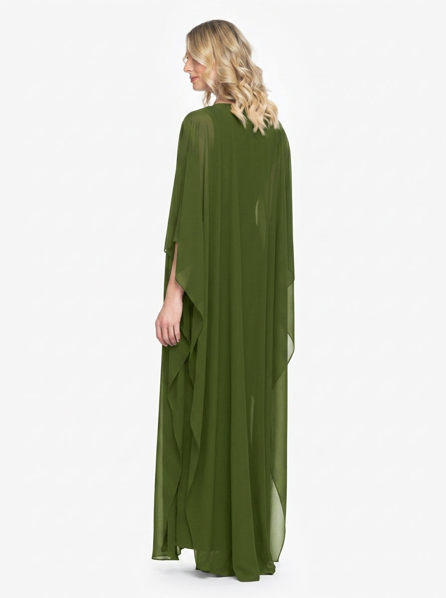 Airy Chiffon Oversized Kaftan Maxi Gown V Neck Keyhole Cutout Wide Cape Sleeve Loose Fit Floor Length Mother of the Bride Dresses