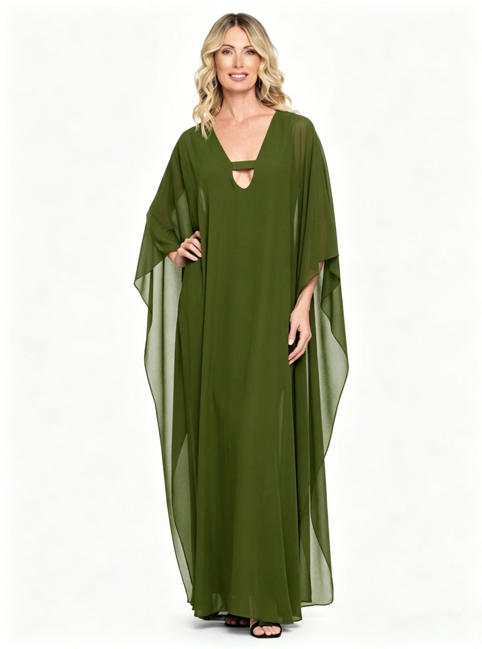 Airy Chiffon Oversized Kaftan Maxi Gown V Neck Keyhole Cutout Wide Cape Sleeve Loose Fit Floor Length Mother of the Bride Dresses