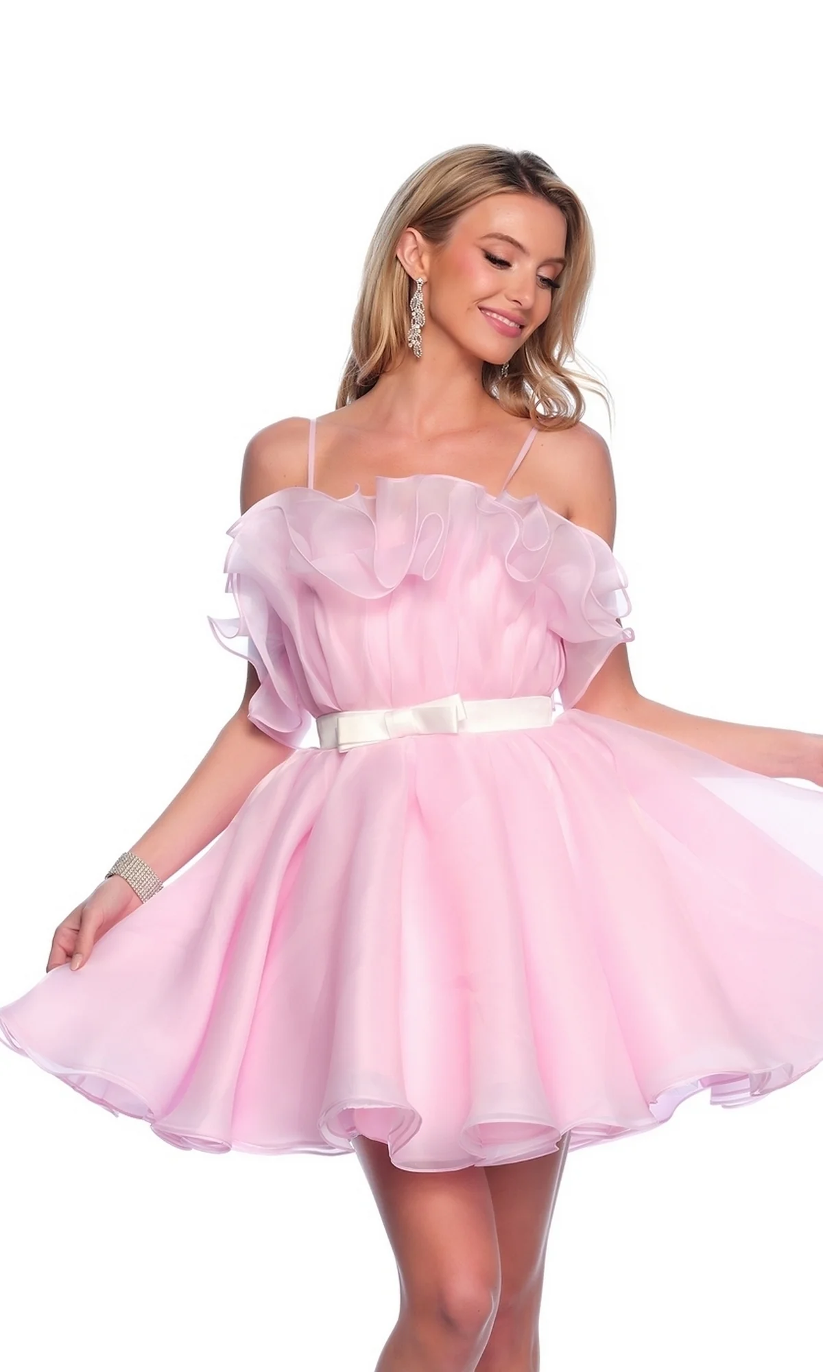 Airy Organza Fit Flare Mini Off Shoulder Ruffle Neck Thin Spaghetti Straps Plain Zipper Back Waist Bow Mini Length Homecoming Dresses