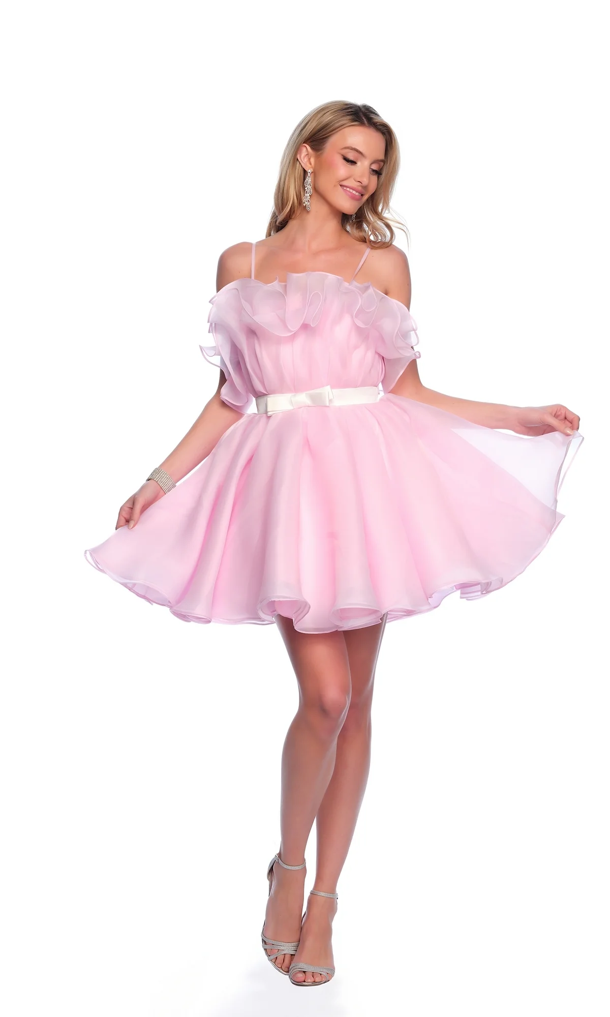 Airy Organza Fit Flare Mini Off Shoulder Ruffle Neck Thin Spaghetti Straps Plain Zipper Back Waist Bow Mini Length Homecoming Dresses