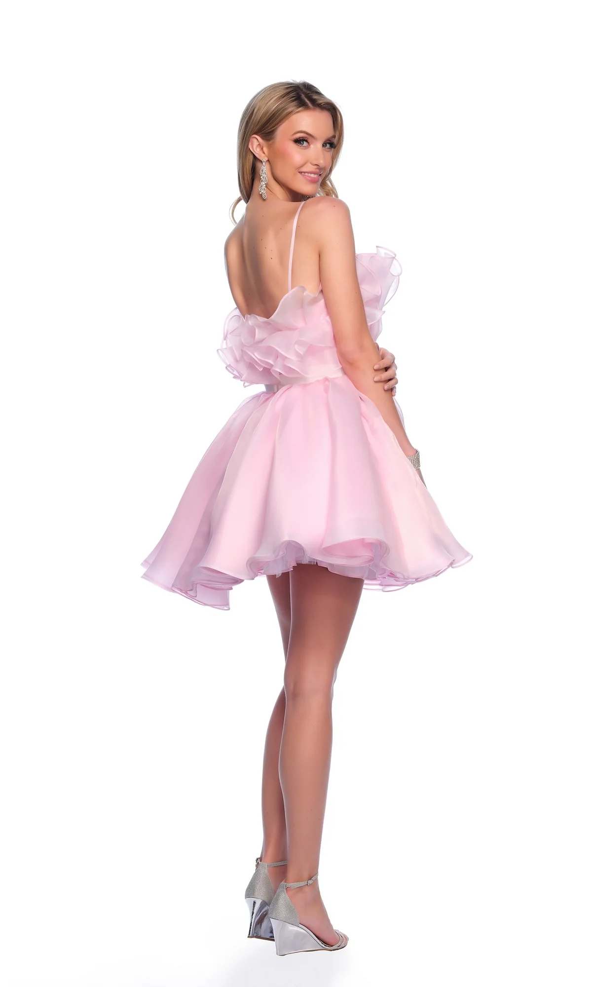 Airy Organza Fit Flare Mini Off Shoulder Ruffle Neck Thin Spaghetti Straps Plain Zipper Back Waist Bow Mini Length Homecoming Dresses