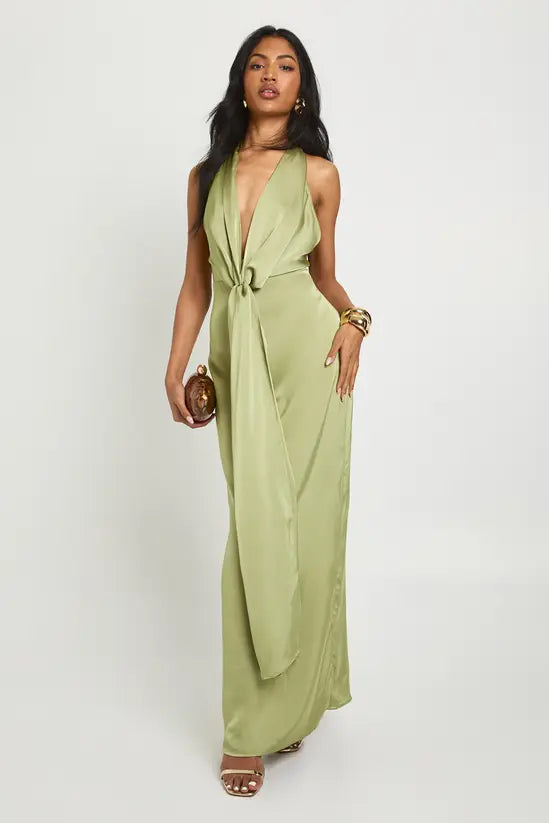 Alluring sheath halter-neck tie-front open-back satin floor-length evening gown