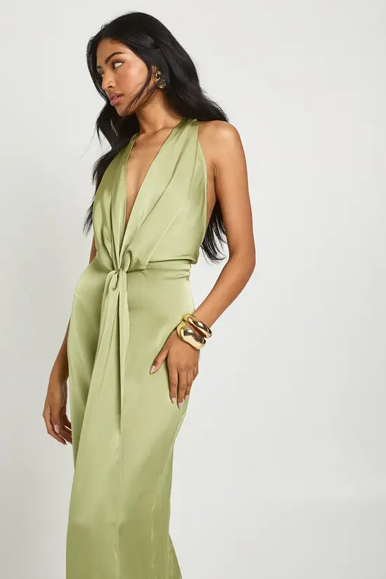 Alluring sheath halter-neck tie-front open-back satin floor-length evening gown