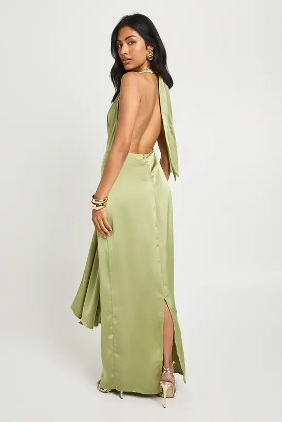 Alluring sheath halter-neck tie-front open-back satin floor-length evening gown