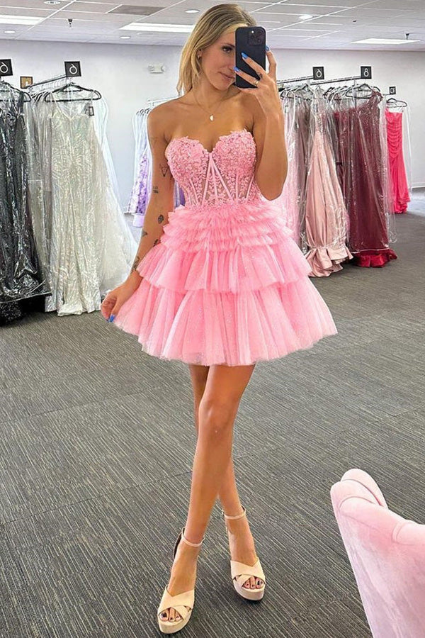 Appliques Strapless A-line Multi-Layers Pink Homecoming Dress