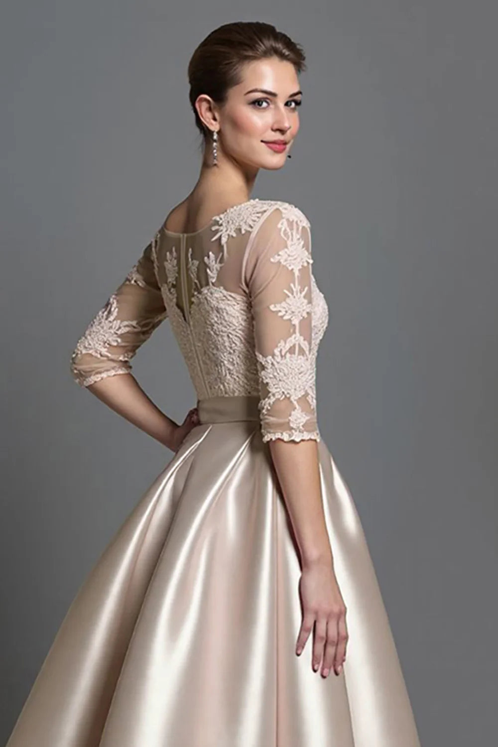 Apricot Satin A Line Long Mother of the Bride Dress with Lace