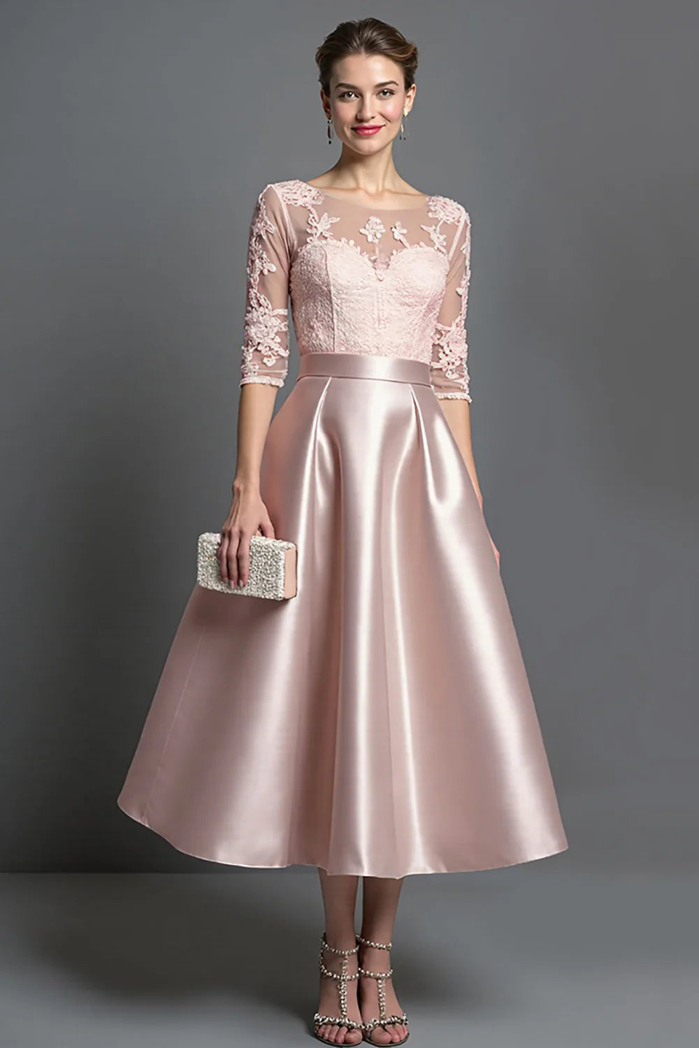 Apricot Satin A Line Long Mother of the Bride Dress with Lace