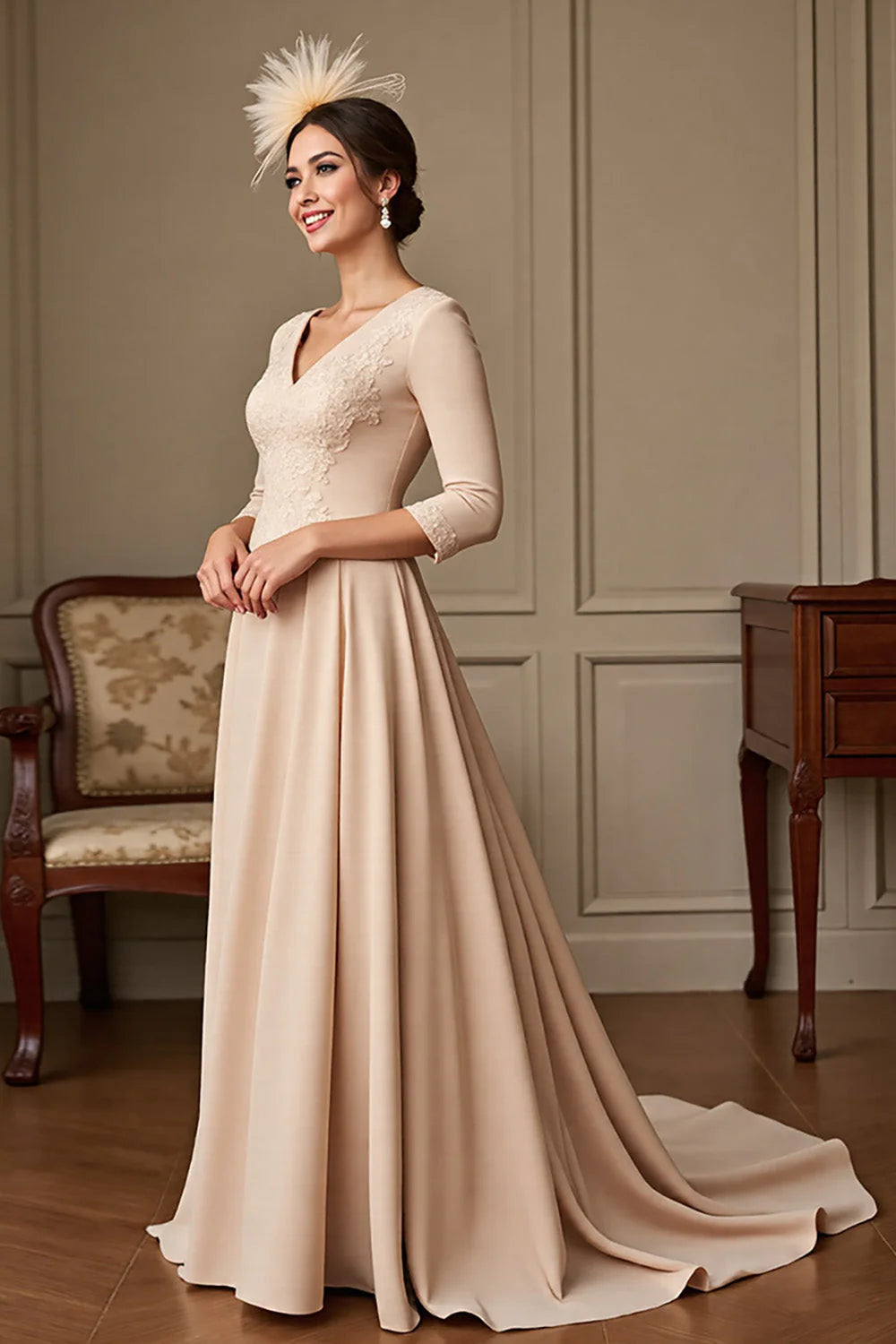 Apricot Satin A Line V-Neck Long Mother of the Bride Dress with Lace