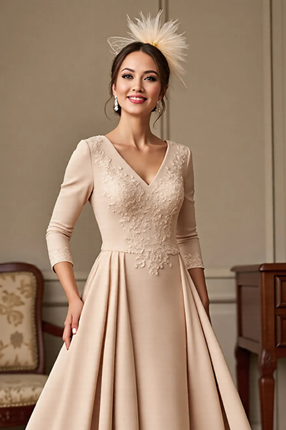 Apricot Satin A Line V-Neck Long Mother of the Bride Dress with Lace