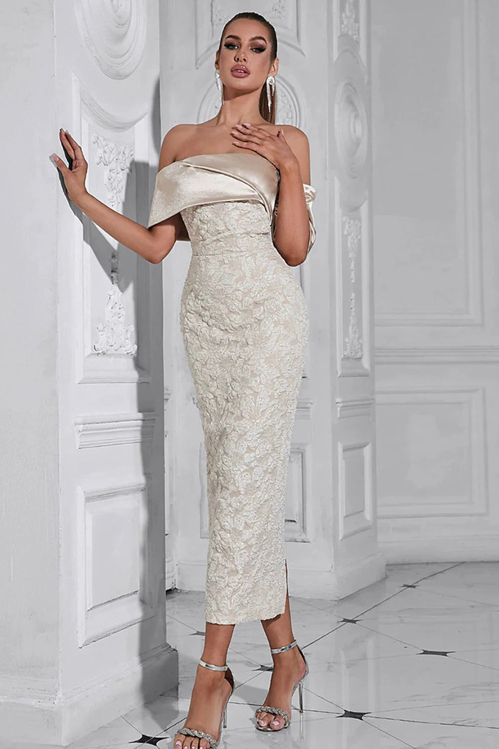 Apricot Sheath Off the Shoulder Appliques Long Evening Dress