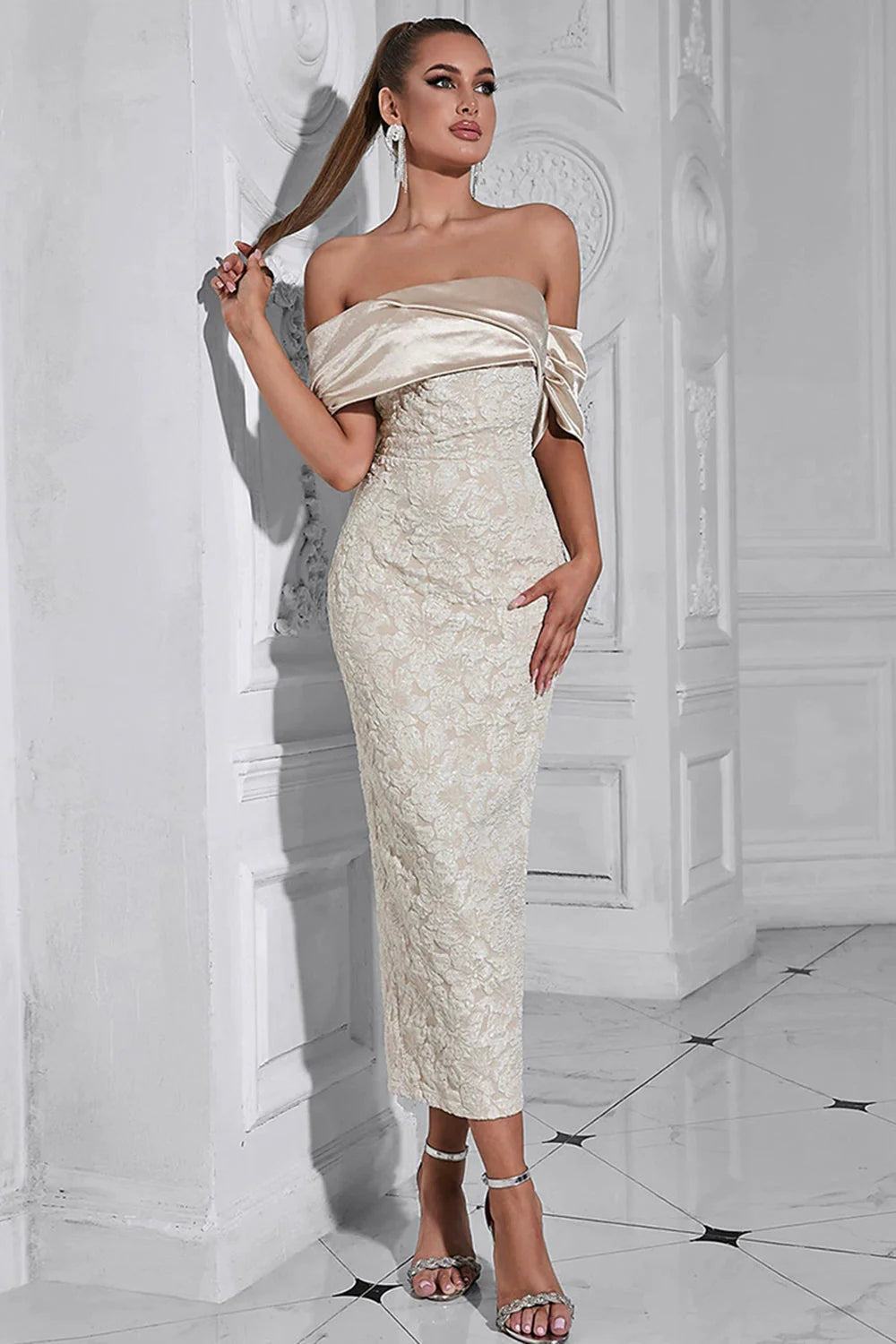 Apricot Sheath Off the Shoulder Appliques Long Evening Dress