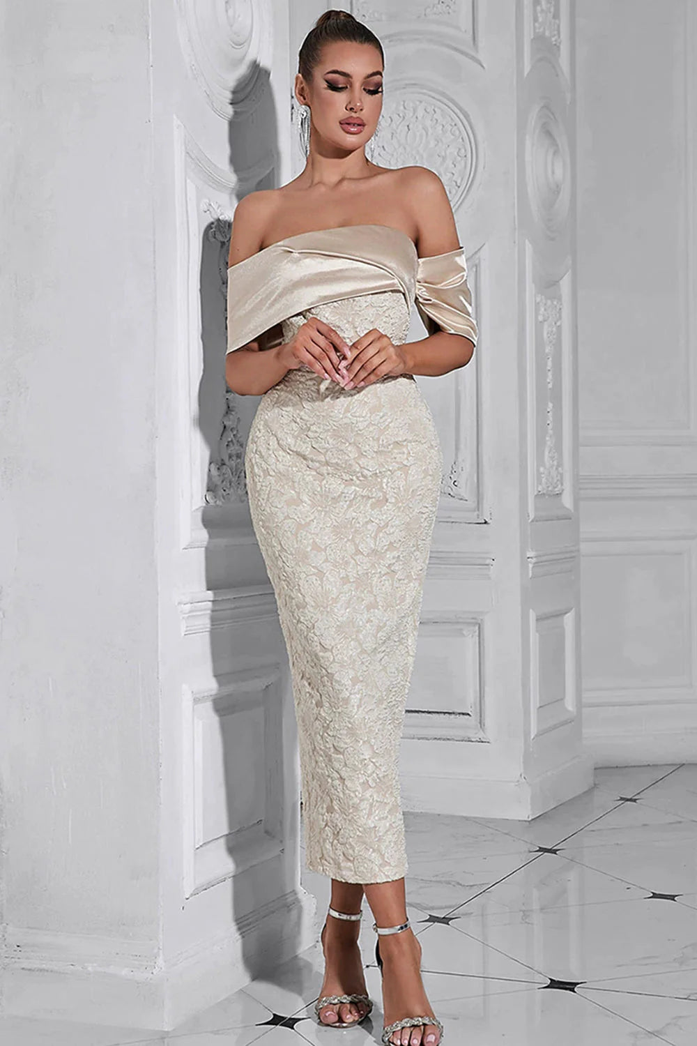 Apricot Sheath Off the Shoulder Appliques Long Evening Dress