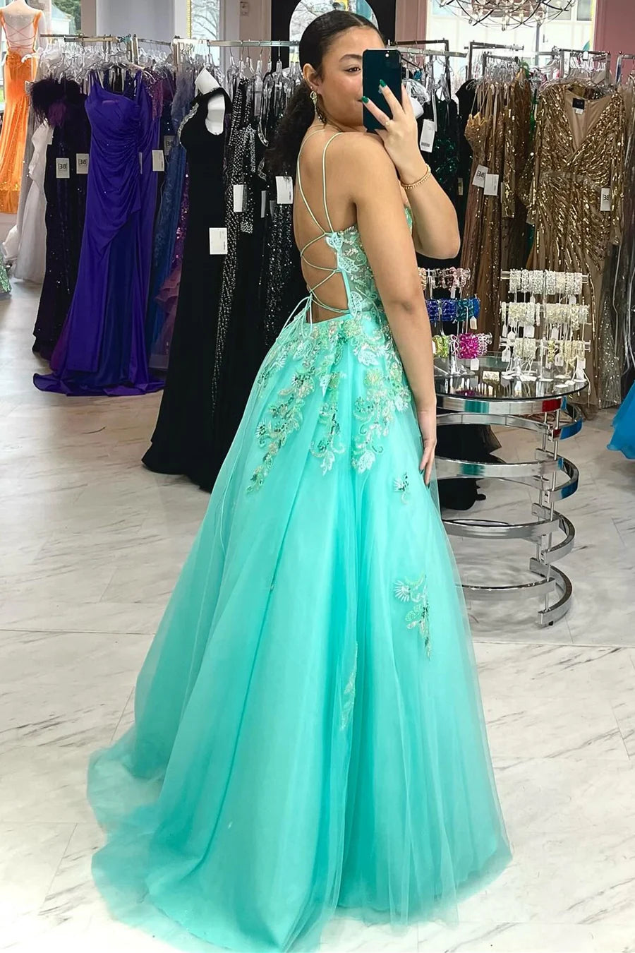 Aqua Blue Lace-Up Tulle Prom Dress with Appliques