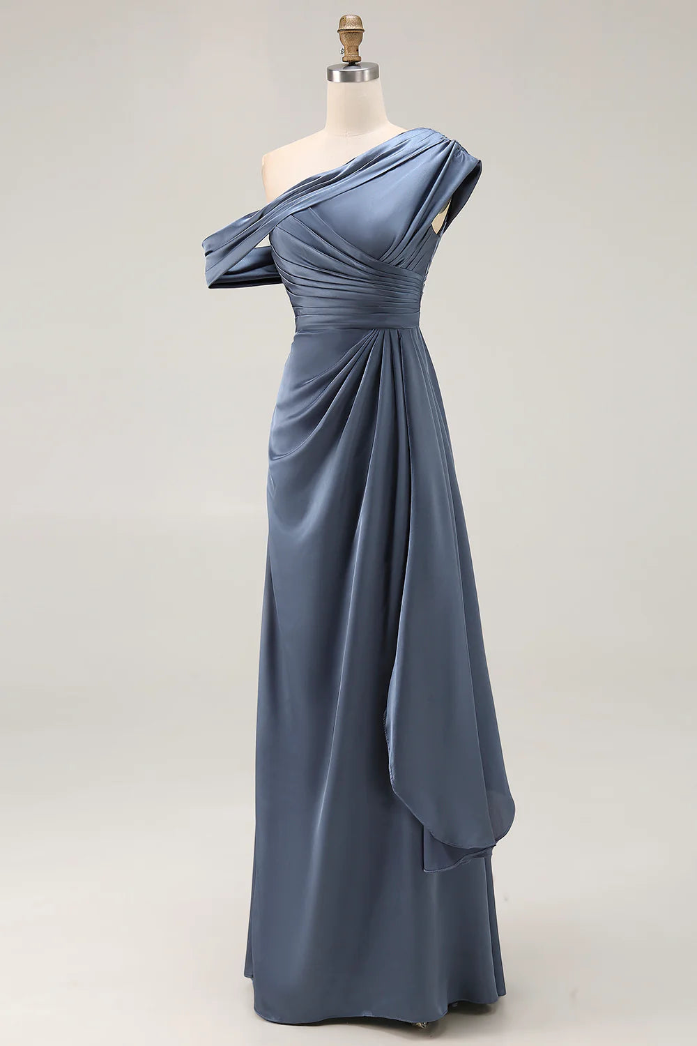 Asymmetrical Off-Shoulder Ruched Draped Satin Floor-Length Mother of the Bride Dress