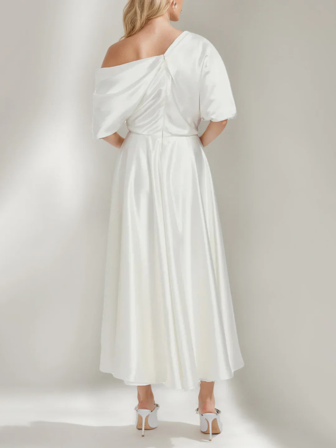 Asymmetrical Off Shoulder Satin Wedding Dress with Puff Sleeve Tea Length A Line Bridal Gown
