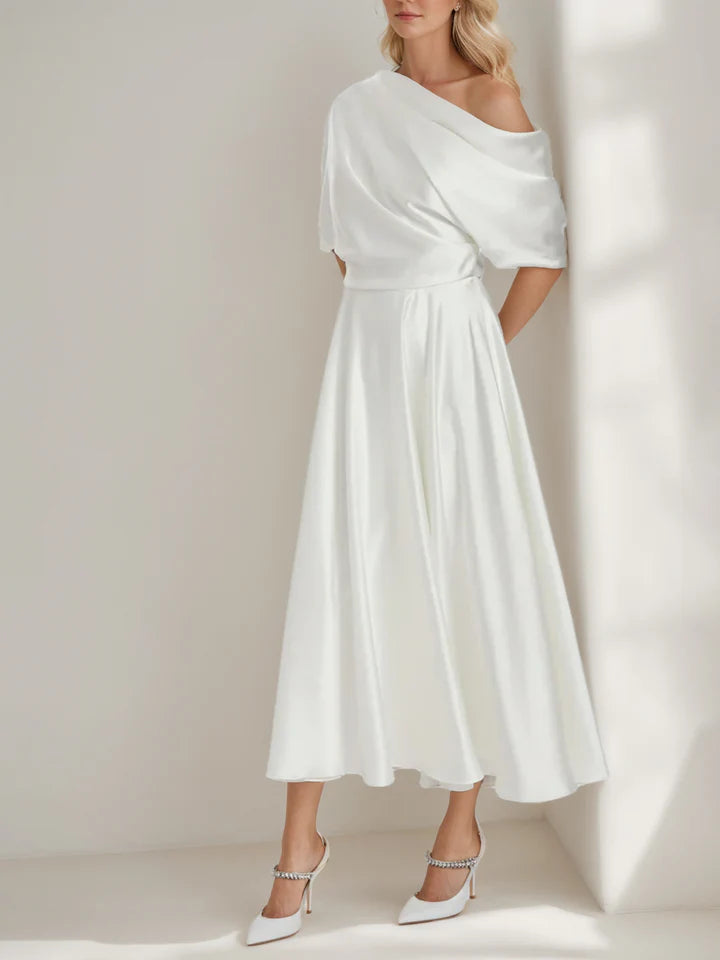 Asymmetrical Off Shoulder Satin Wedding Dress with Puff Sleeve Tea Length A Line Bridal Gown